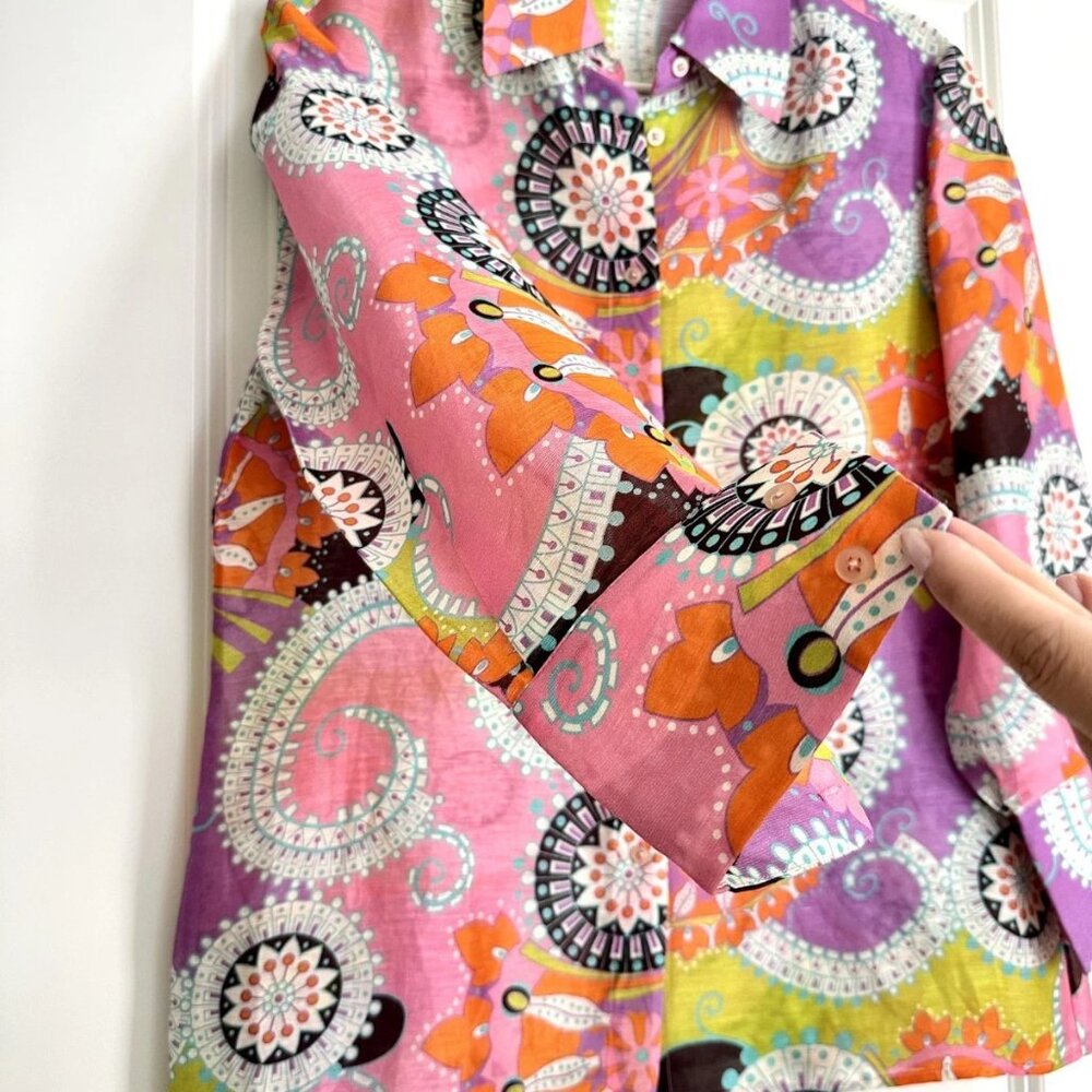 ALEXIS Pink Multi Paisley Floral Linen Silk Long Sleeve Button Up Shirt Size S - Picture 4 of 7